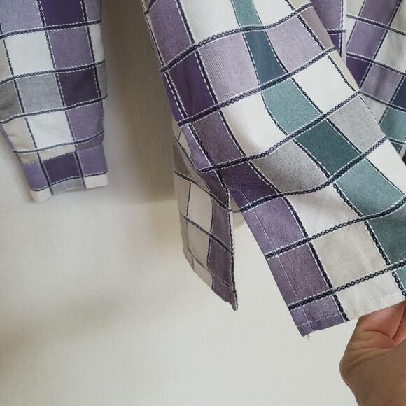 Alfred Dunner Button Up Shirt Womens 14 Floral Check Plaid Purple Embroidered - Picture 7 of 13